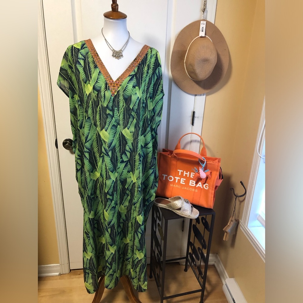 ANITA Caftan Leaf Print Coverup Coral Trim
